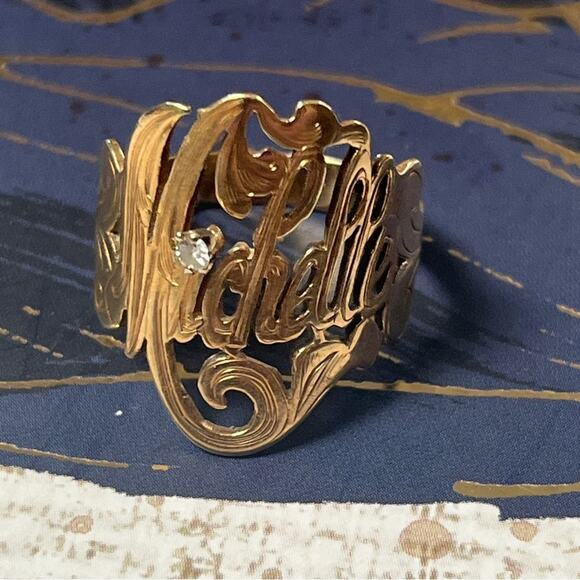 Estate 10k Gold and Diamond Large Personalized MICHELLE Name Ring D2 - Picture 9 of 9